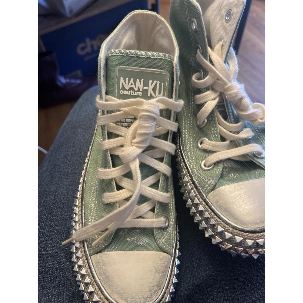 NAN KU Couture Cruise Studded High Top Sneakers Distressed Green Size 40 US 9 - Picture 2 of 15